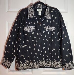 New Quacker Factory Black and White Cotton Beaded Bandana Button-up Jacket L